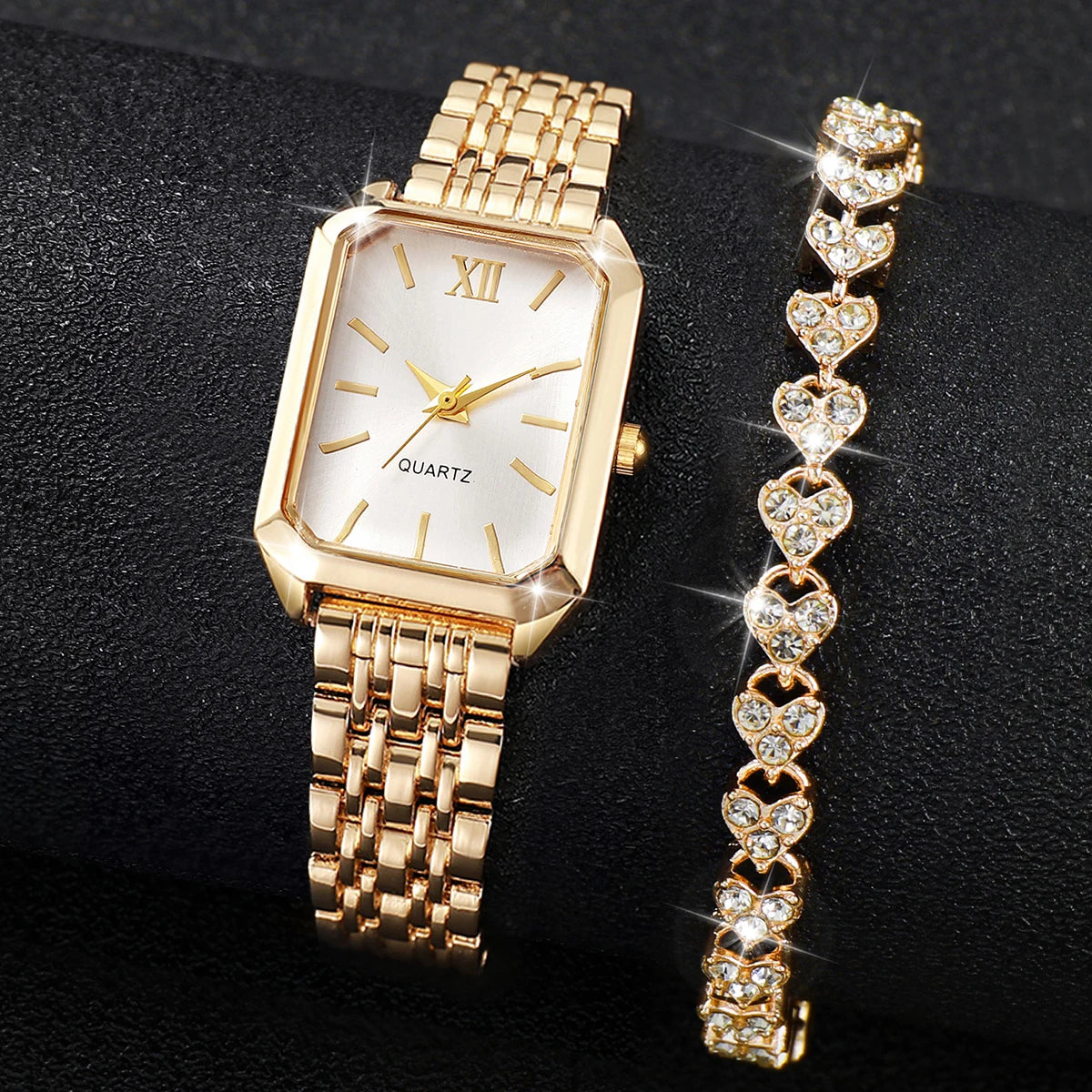 2PCS/Set Fashion Rectangle Women Quartz Watch Ladies Roma Dial Wristwatches Rhinestone Bracelet Set Reloj Mujer Girls Clock G