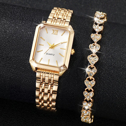 2PCS/Set Fashion Rectangle Women Quartz Watch Ladies Roma Dial Wristwatches Rhinestone Bracelet Set Reloj Mujer Girls Clock G