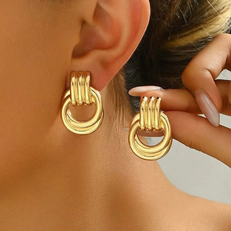 Fashion Stainless Steel Chunky Knot Earrings for Women Vintage Simple Multi-layer Circle Round Drop Earrings Punk Jewelry Gif