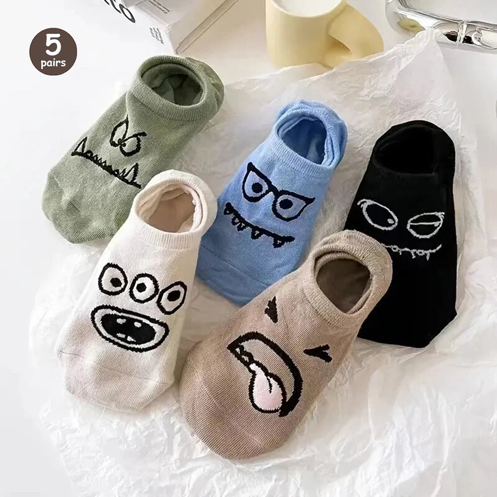 5 Pairs Women Cartoon Patterned Socks Trendy Versatile Breathable Sweat Wicking Deodorizing Antibacterial Comfortable Socks -