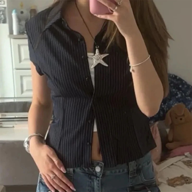 Women Short Sleeve Button Down Shirts Vintage Stripe Print Slim Fitted Cropped Collared Blouse Elegant Lady Business Shirts