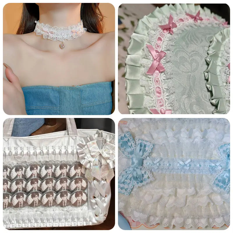 1Yard Lolita Lace Trim Ribbons Bow Pleated Lace Fabric Edge Ruffle Ribbon For DIY Crafts Sewing Dress Clothing Accessories