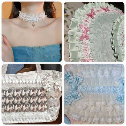 1Yard Lolita Lace Trim Ribbons Bow Pleated Lace Fabric Edge Ruffle Ribbon For DIY Crafts Sewing Dress Clothing Accessories