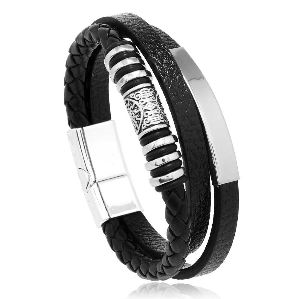 Trendy Leather Bracelets For Men Stainless Steel Bracelet 21CM Multilayer Braided Rope Bracelets for Male Jewelry Gifts - 12