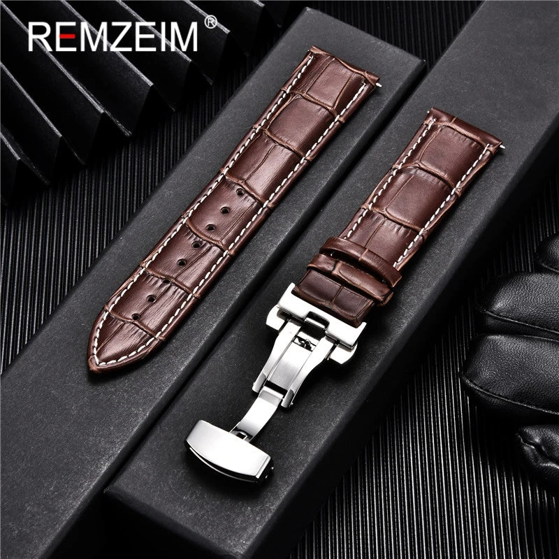 Genuine Calfskin Leather Watchbands Business Replace Watch Band 18mm 20mm 22mm 24mm With Butterfly Buckle Wristwatch Strap - 