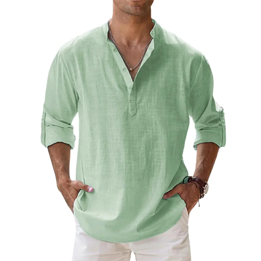 Cotton Linen Men's Long Sleeve Shirts Summer Solid Color Henley Collar Casual Beach Style Hawaiian Vacation