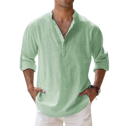 Cotton Linen Men's Long Sleeve Shirts Summer Solid Color Henley Collar Casual Beach Style Hawaiian Vacation