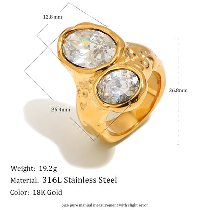 E.B.belle Gold Plated Deep-patterned Square Zircon Ring Simple Statement With Irregular Design Tarnish Free Women's Jewelry -