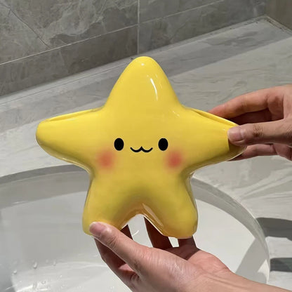 Cute Star-Shaped Toothbrush Holder Freestanding Bathroom Organizer with Cute Face Design, Space-Saving Toothbrush & Toothpast