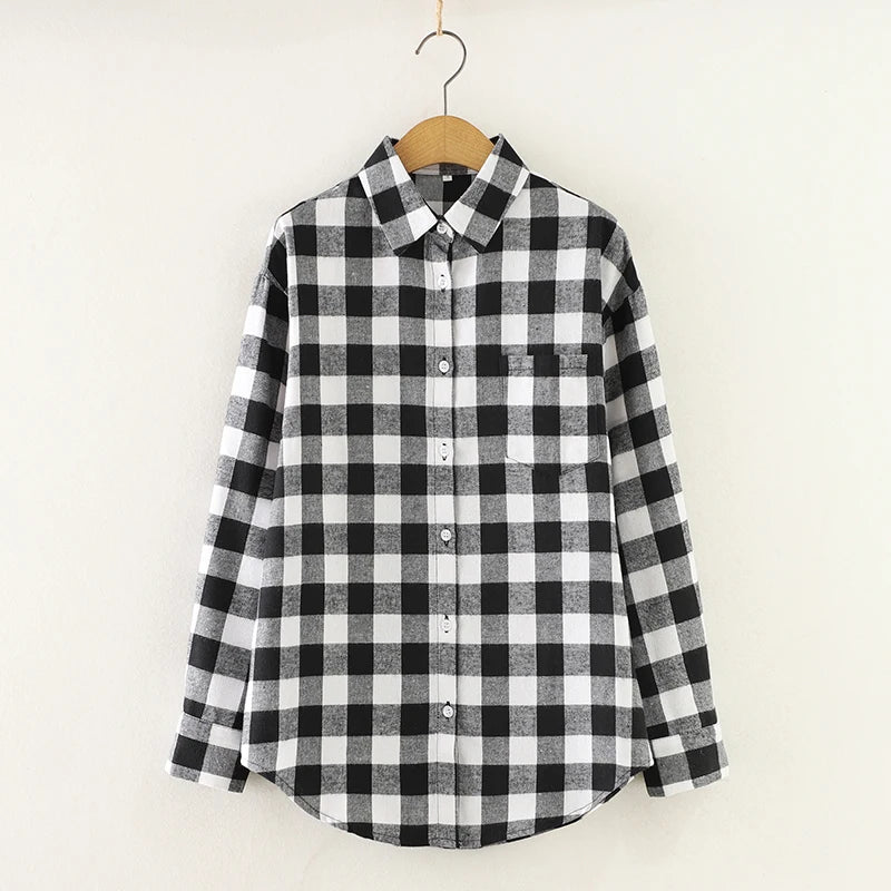 Fresh Flannel Plaid Shirt Women 2026 New Female Blouses and Tops Cotton Loose Long Sleeve Casual Shirts Fine Women's Clothes 