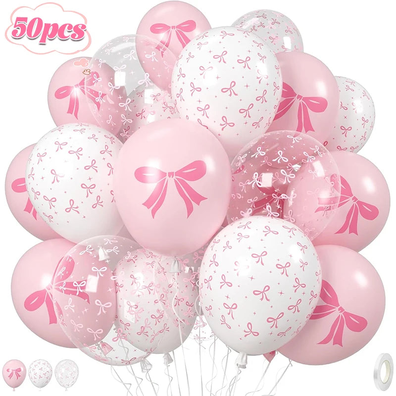 50/10pcs Bow Theme Latex Balloon 12 Inches Bowknot Print White Balloons for Kids Girls Birthday Baby Shower Wedding Party Dec