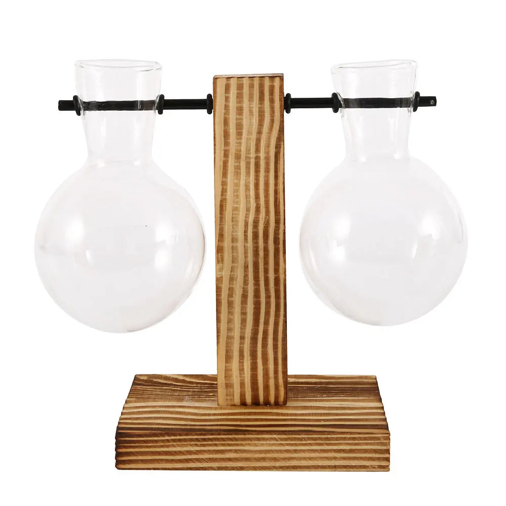 Creative Glass Desktop Planter Bulb Vase Wooden Stand Hydroponic Plant Container Home Tabletop Decor Vases - B