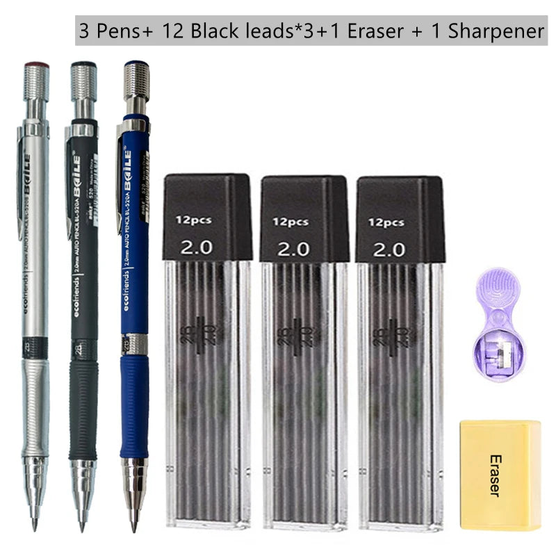 2mm Mechanical Pencil Set with Color/Black Lead Art Drawing Design Automatic Pencil Writing Student Office School Stationery 