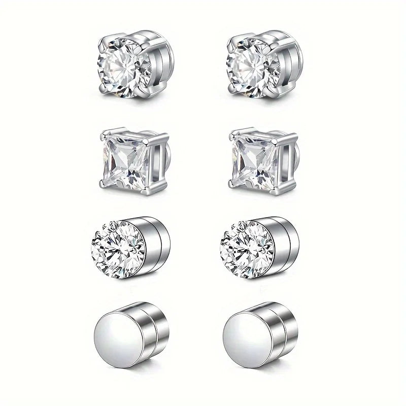 Set of man's magnetic earrings without punching ear clips,stainless steel personalized punk style women's ear studs - 4 pairs