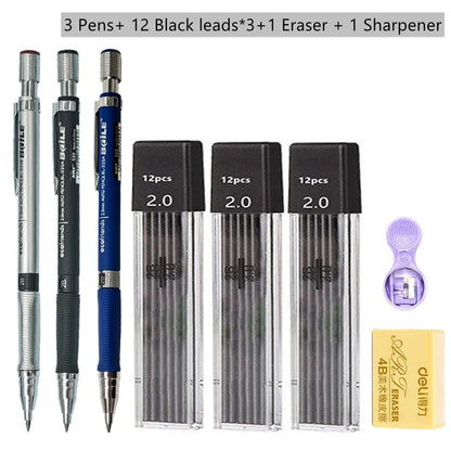 Mechanical Pencil Set 2.0 mm with 2B Black/Colors Lead Refill For Writing Sketching Art Drawing Painting School Automatic Pen