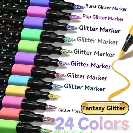 24 Colors Colorful Double-Ended Glitter Pens with Fast-Drying Glue-Like Ink - Fine Tip Tip-To-Base for Scrapbooking, Card Mak