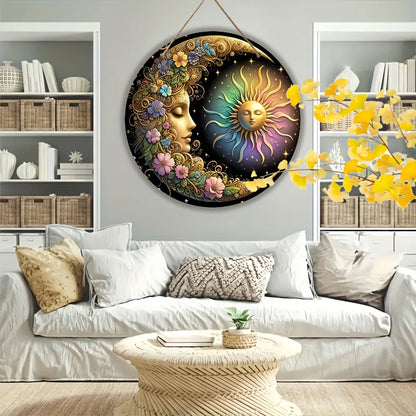 Mandala art style sun and moon wall plate-classic design and manufacture of wooden decorative logo, 8x 8 inches, floral patte