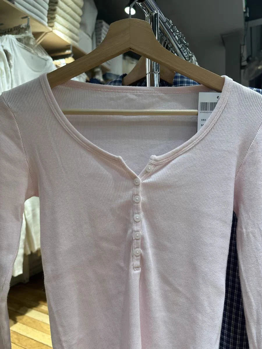 Six Buttons Ribbed Long Sleeve T-shirts Women Spring Round Neck Cotton Slim Tee Top Female Sweet Cute Pink Tshirt Y2k Tops Ne