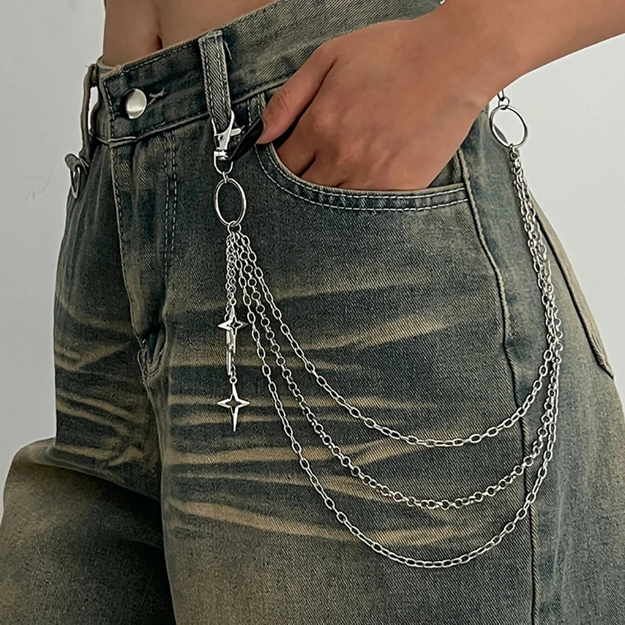 Salircon Punk Multilayer Metal Star Pendant Pant Chain Hip Hop Waist keychain Jeans Chain Women Trendy Jewelry Accessories Gi