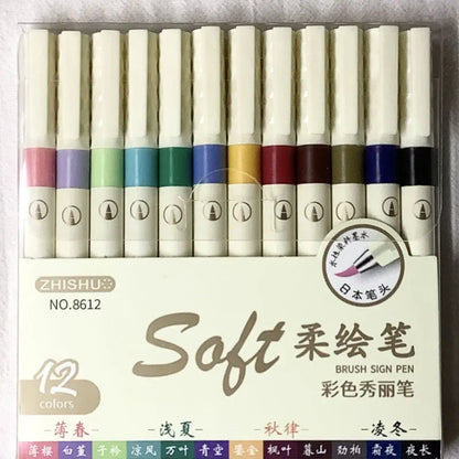 12/6 Color Vintage Watercolor Lettering Art Marker Drawing Pen Set Multicolor Soft Brush Tip Calligraphy Painting Art Supplie