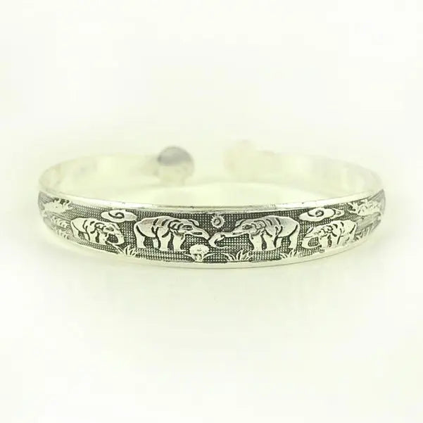 Retro Cuff Bracelets Tibetan Silver Metal Carving Fish Elephant Flower Bangles Vintage Gypsy Jewelry Female Gifts - 01