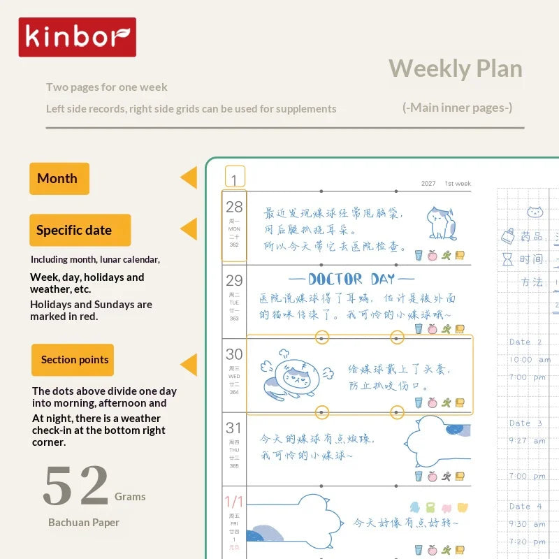 Kinbor 2027 Weekly Planner Pocket Size Notebook Week Plan Notepad Schedule Planning Book Punch Efficiency Manual Daily Writin