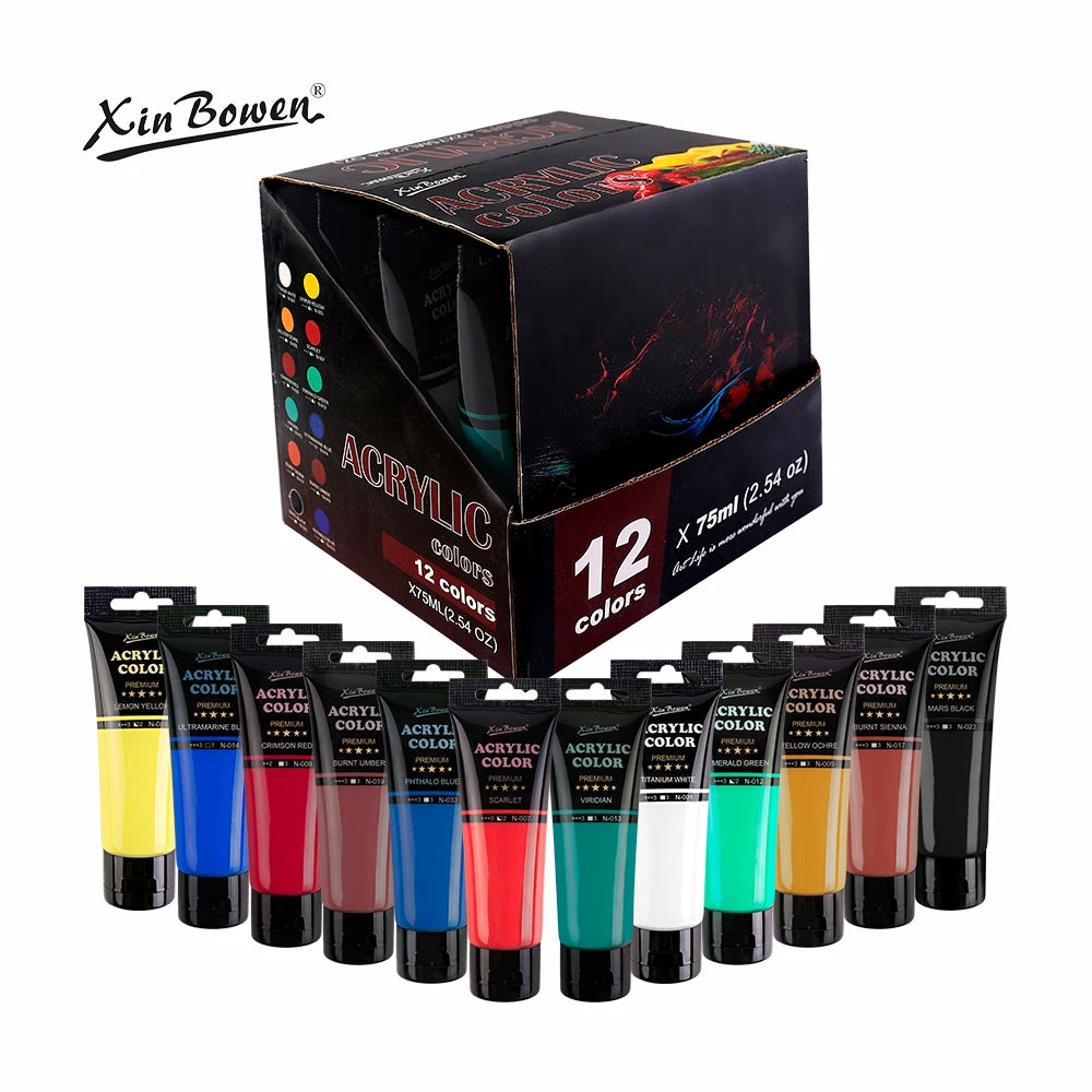 75ml Acrylic Paint for Wall Art Student DIY Graffiti Shoes Waterproof Sun Resistant Textile Painting Materials - 12 Colors