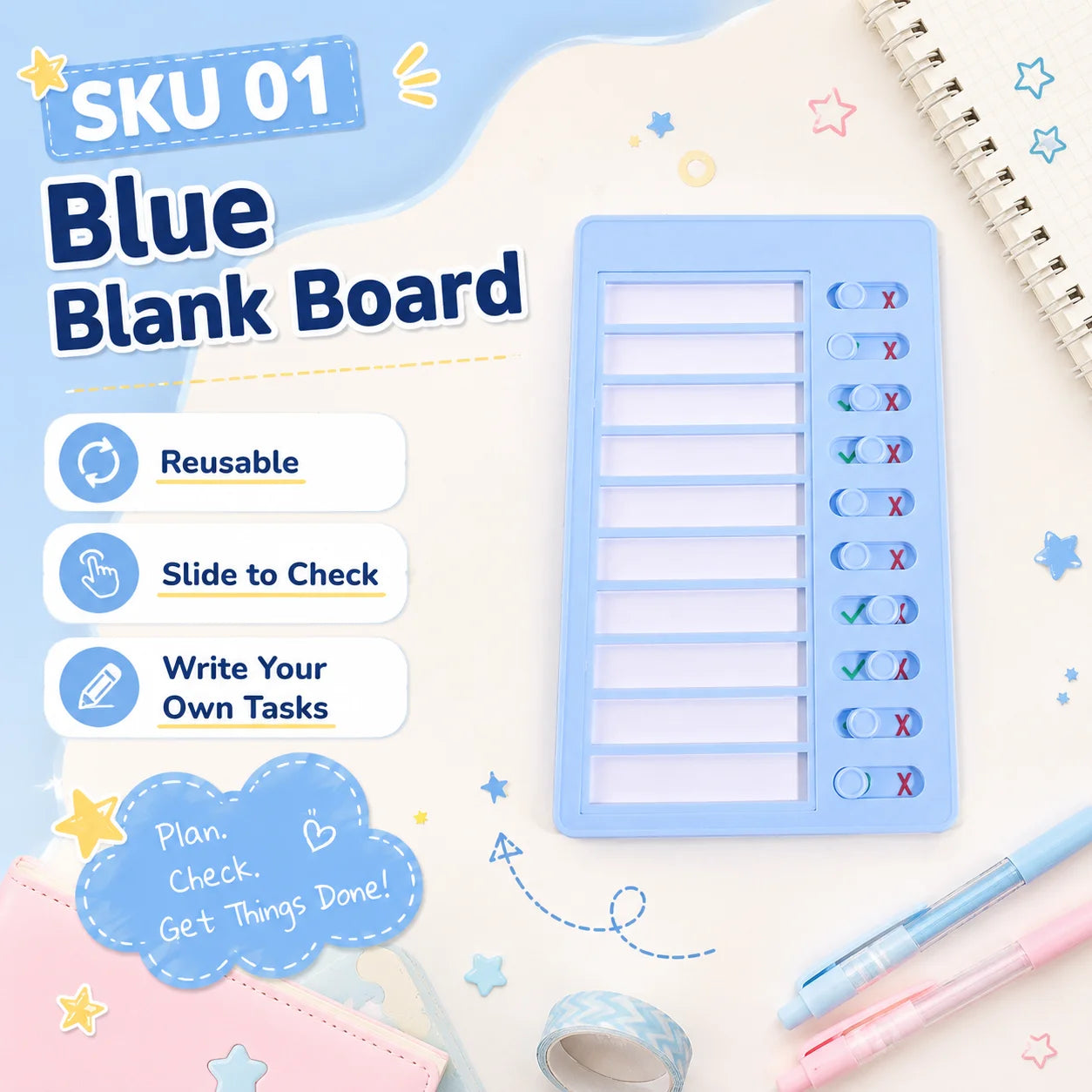 Self Discipline Checklist Board, Replaceable Plastic Chore Chart for Kids Adults, Summer Task Planner & Daily Habit Tracker -