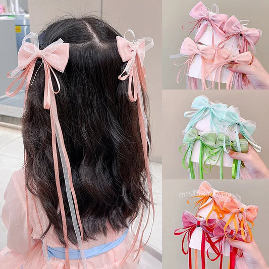 1 Pair Fashion Fairy Ribbon Bow Hairpins For Kids Long Ribbon Hair Clip Barrettes Headband Headdress Girls Hair Accessories