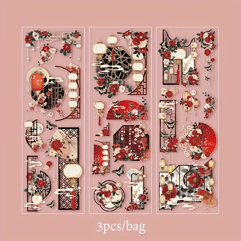 3 Sheets/Bag Of Classical Flower Hot Stamping PET Stickers Chinese Style Creative Diary Notebook Stickers DIY Collage Decorat
