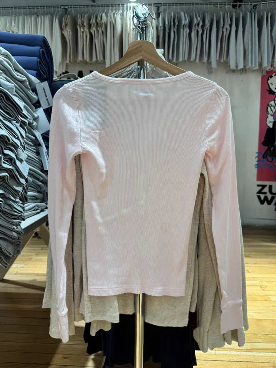 Six Buttons Ribbed Long Sleeve T-shirts Women Spring Round Neck Cotton Slim Tee Top Female Sweet Cute Pink Tshirt Y2k Tops Ne