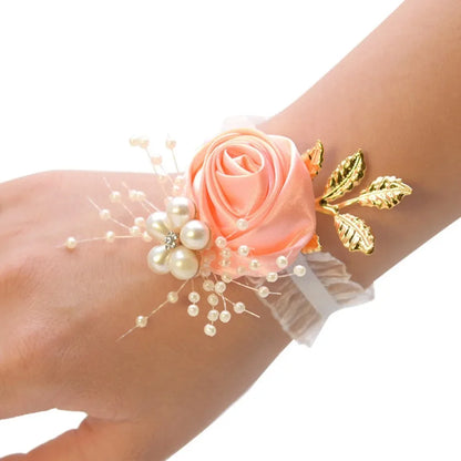 Bridesmaid Wrist Flowers Rose Corsage Pearl Polyester Ribbon Bracelet Wedding Accessories