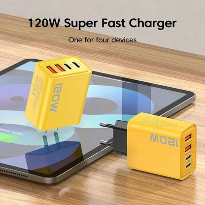 Quick Charge 3.0 Fast Charger Muti Total 120W 4 Port USB Type C PD Mobile Phone Wall Adapter for iPhone 16 Samsung S24 Xiaomi