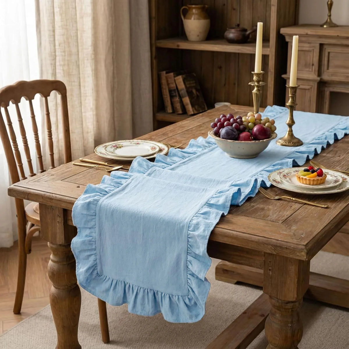 Ruffle Table Runner 100% Cotton Fabric Farmhouse Rustic Ruffled Edge Table Runner Wedding Decor for Christmas Holiday Baby Sh