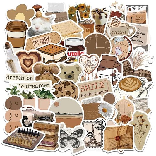 10/30/60PCS Vintage Brown Sticker Aesthetic PVC Laptop Sketchbook Stationery Decoraction Scrapbooking School Supplies