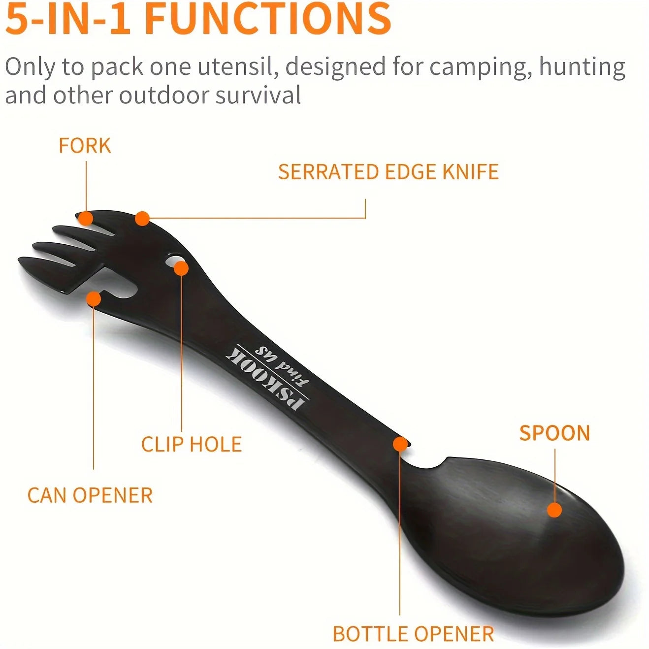 PSKOOK Outdoor Survival Tools 5 in 1 Camping Multi-functional EDC Kit Practical Fork Knife Spoon Bottle/Can Opener