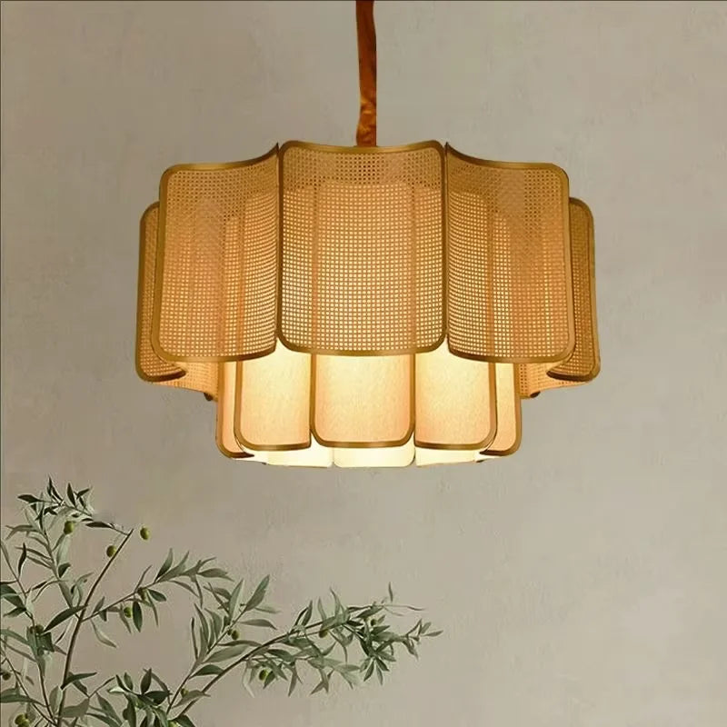 Japanese Rattan Chandelier Wabi Sabi Vintage pendant Light Bedroom Kitchen Island Living Dining Room Hotel Bedroom hanging La