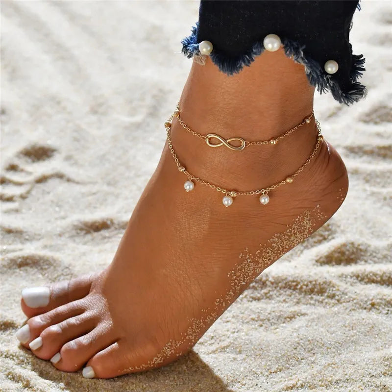 LETAPI Two Layers Chain Heart Style Gold/Silver Color Anklets For Women Bracelets Summer Barefoot Sandals Jewelry On Foot Leg