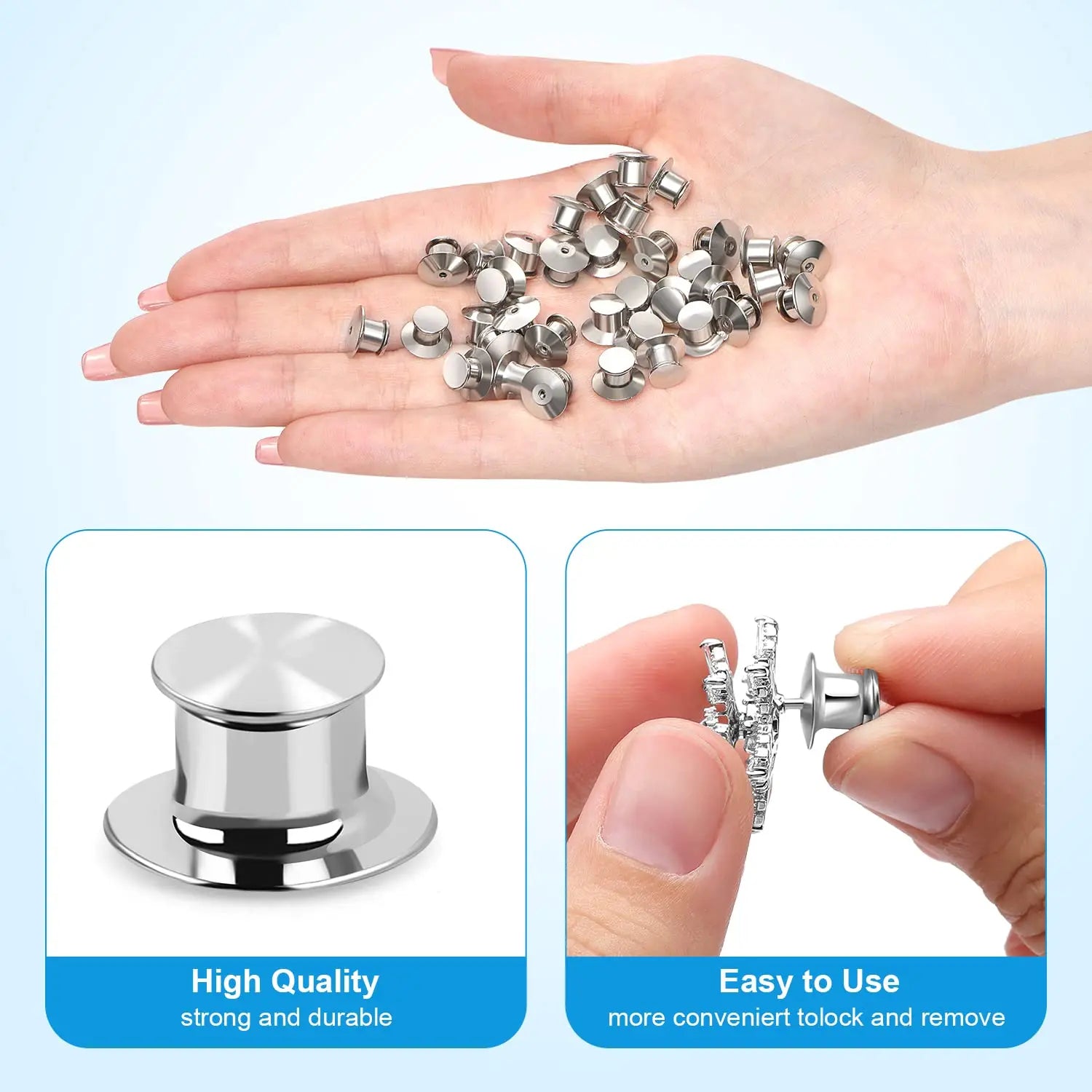 20-Piece Stainless Steel Locking Pin Backs | Secure Clasps for Brooches, Lapel Pins & Enamel Badges | Jewelry Making Supplies