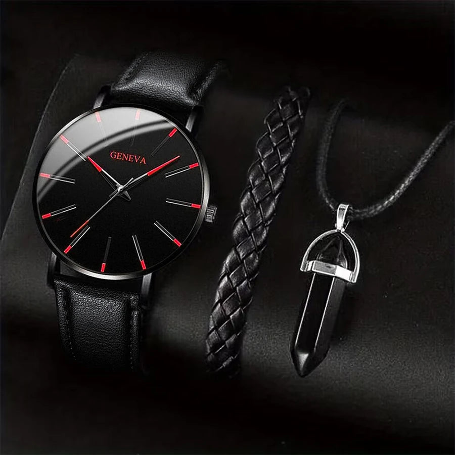 3PCS/Set Men Business Watches Casual Leather Band Analog Male's Quartz Watch Necklace Bracelet Set - B Set No Box
