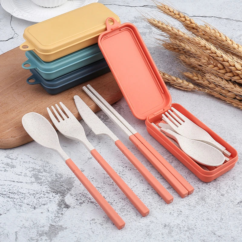 4Pcs Portable Tableware Set Wheat Straw Dinnerware Detachable Cutlery Travel Tableware Picnic Dinnerware Set Camping Cutlery 