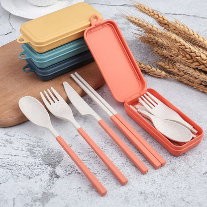 4Pcs Portable Tableware Set Wheat Straw Dinnerware Detachable Cutlery Travel Tableware Picnic Dinnerware Set Camping Cutlery 