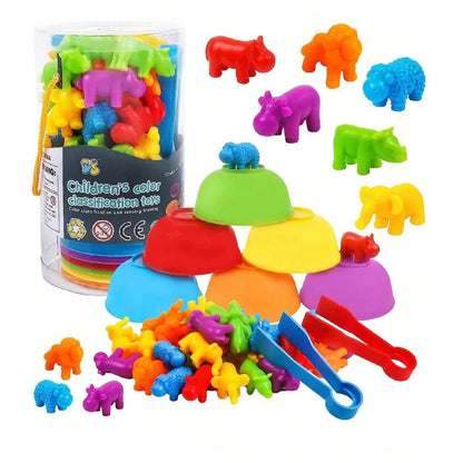 Children Counting and Sorting Toys Pom Poms Rainbow Colors Plastic Bowls Tweezers Fine Motor Skill Children Learning Toys - W