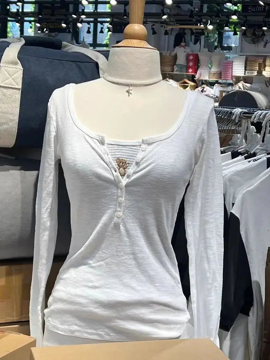 Six Buttons Ribbed Long Sleeve T-shirts Women Spring Round Neck Cotton Slim Tee Top Female Sweet Cute Pink Tshirt Y2k Tops Ne