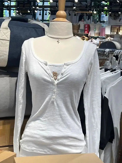 Six Buttons Ribbed Long Sleeve T-shirts Women Spring Round Neck Cotton Slim Tee Top Female Sweet Cute Pink Tshirt Y2k Tops Ne