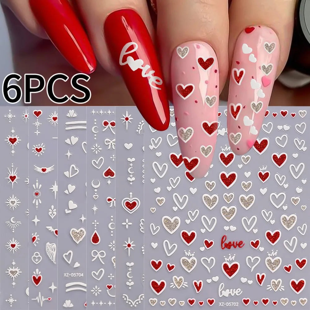 8pc 3D Mixed Color Heart Nail Stickers Valentines' Day Sweet Red Pink Love Selfadhesive Nail Decoration Decals Manicure Suppl