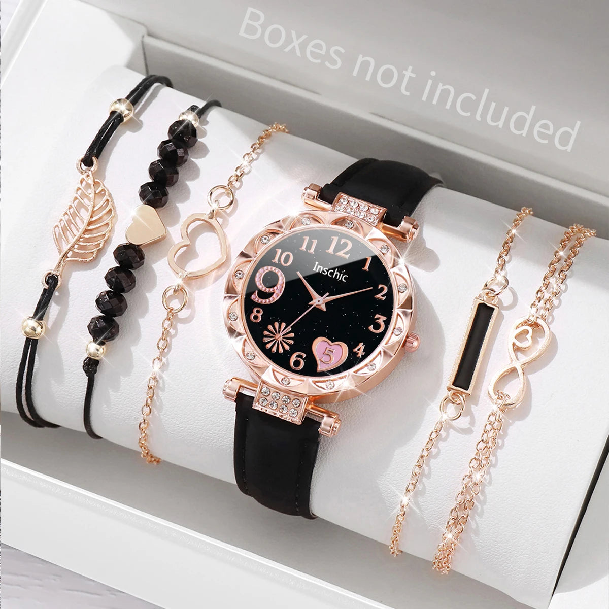 6PCS/Set Fashion Heart Dial Women's Watch Casual Leather Band Analog Quartz Watch Leaf Bracelets Set（Without Box） - Black Set