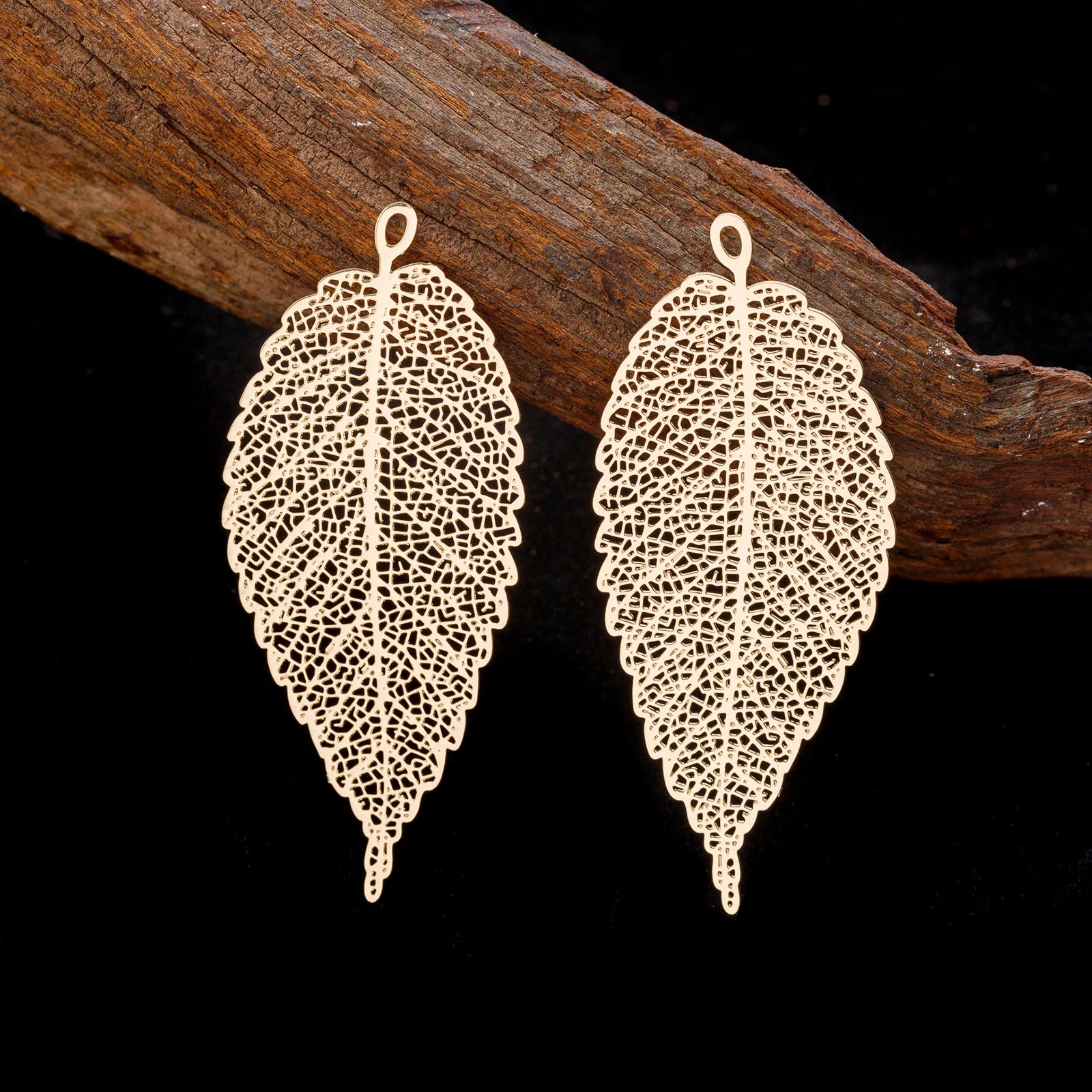 10pcs 23*56mm Long Leaf Filigree Charms Hollow Exquisite Leaf Pendants for DIY Accessories B4823 - Light Gold