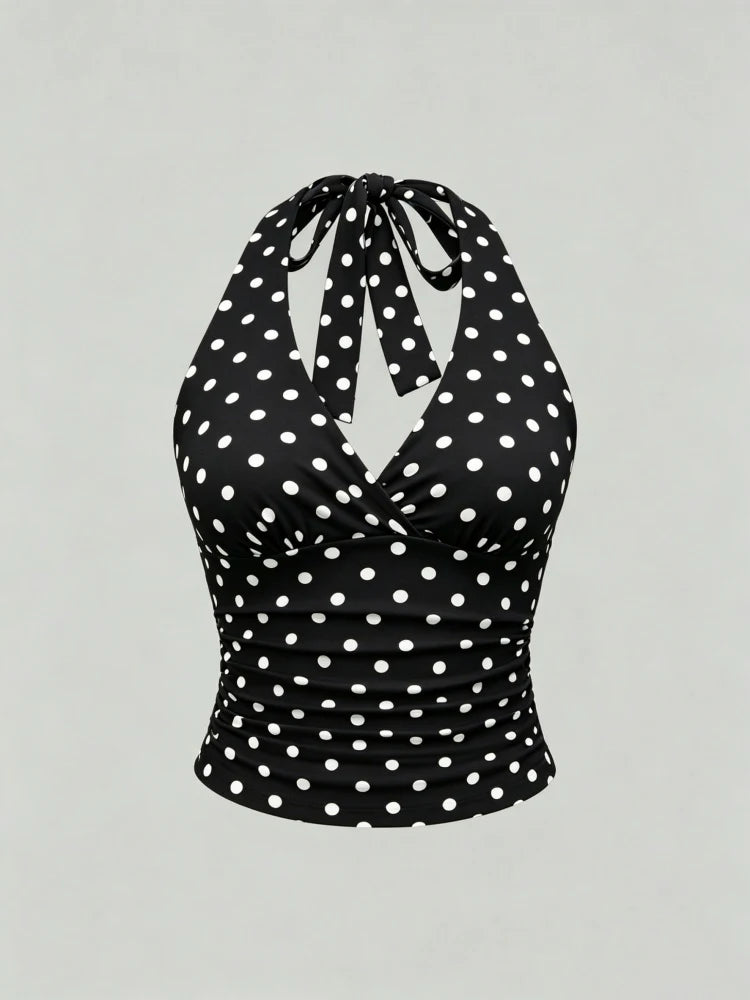 Solid V-neck Backless Halter Crop Top for Women Summer Sexy Y2K Sleeveless Ruched Top Streetwear - Polka dot Black / S