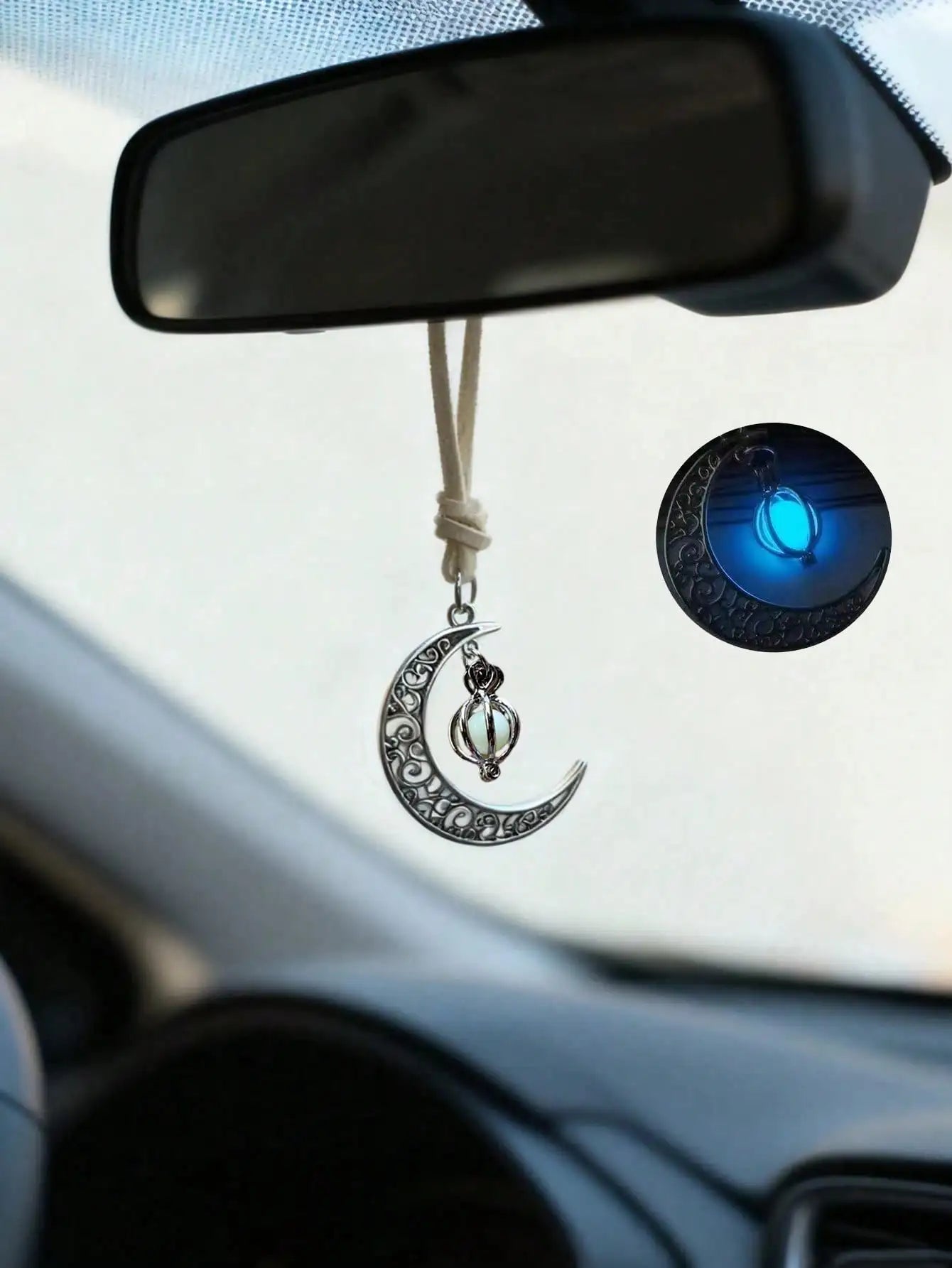 Luminous Moon Pendant Car Hanging Ornament – Hollow Crescent Design, Inlaid with Luminous Stone, Elegant Rearview Mirror Deco